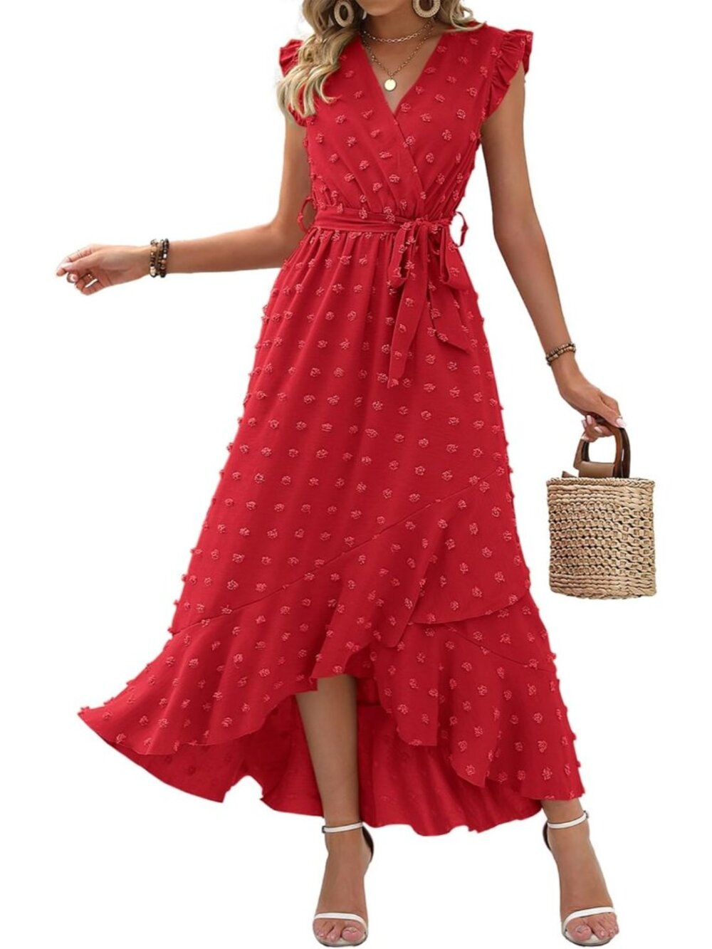 Women's Red Swiss Dot Cap Sleeve V Neck Tie Waist Imported Causal Maxi Dress
